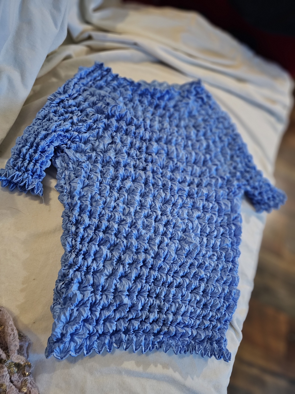 Blue Textured Short-Sleeve Women's Sweater